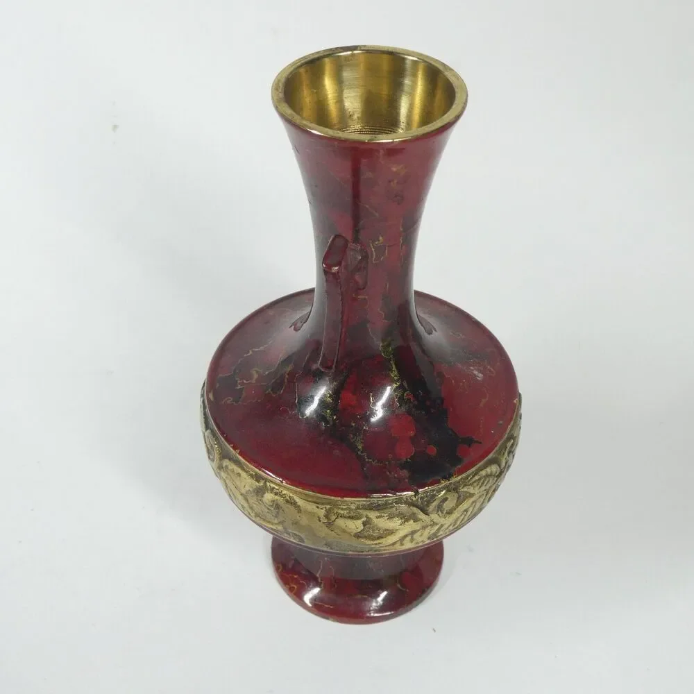 Brass Vase Red Marbled Enamel Vintage 6.5
